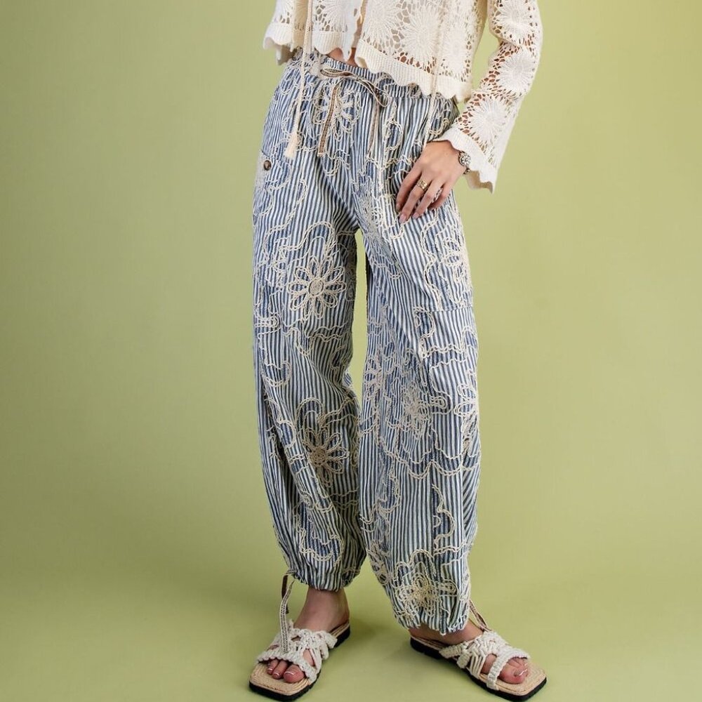 E20 EASEL EMBROIDERY STRIPED WOVEN PANTS IN DENIM BLUE - Picture 6 of 7